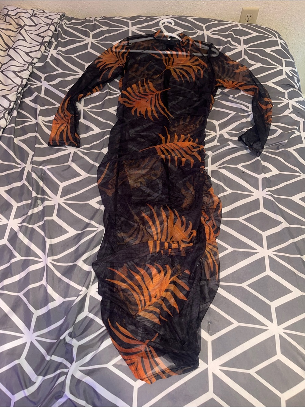 chic Black Sheer Maxi Dress with Orange Leaf Print